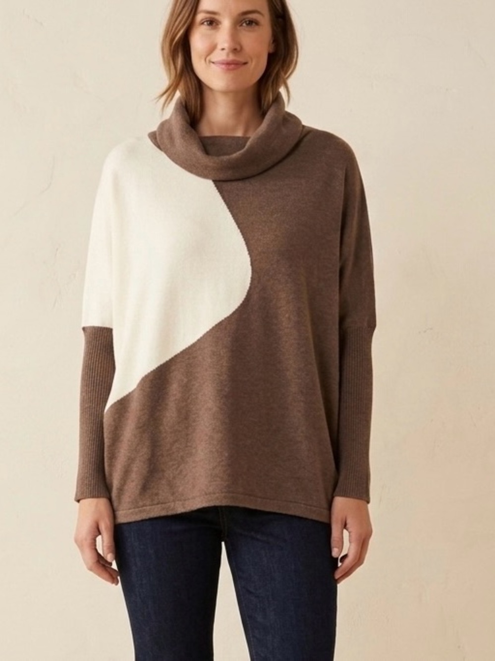 MARBLE Scotland 100% Cotton Brown & Cream Colorblock Cowl-Neck Sweater Small
